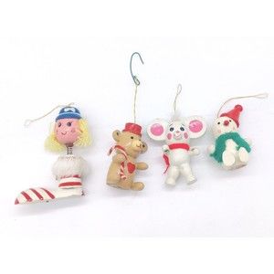 Vintage Wooden Christmas Tree Ornaments 1970s? Lot Of 4 Holiday Decorations MCM